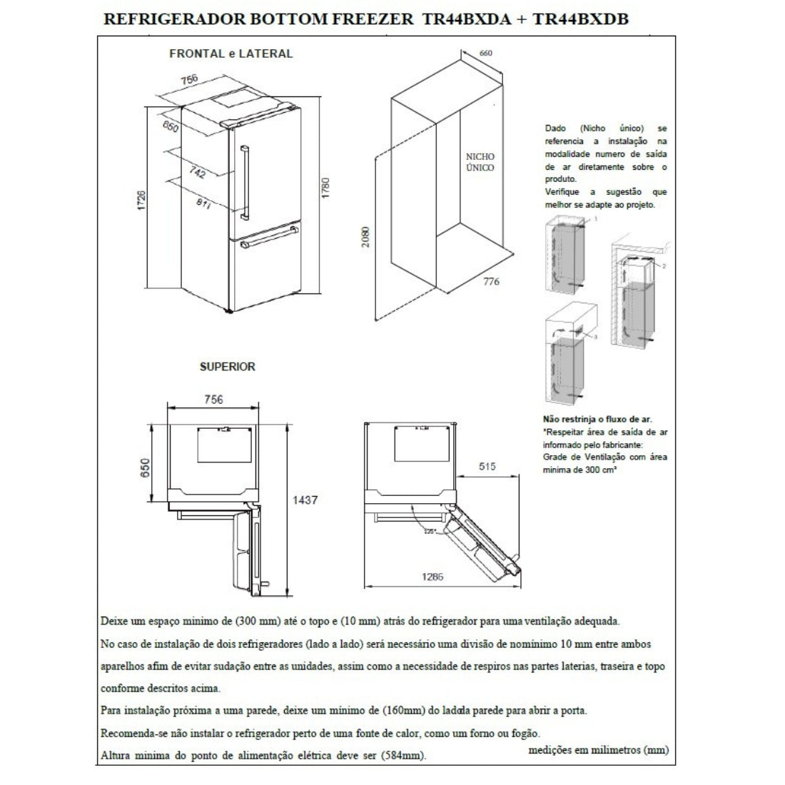 Refrigerador Bottom Freezer Tecno de embutir Professional DUO 890L 152cm 220V