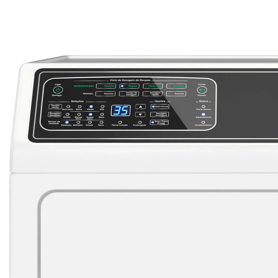 Painel de controle da Secadora de Roupas Elétrica Speed Queen 10,5 Kg Branca 220V - ADEE9B com opções de secagem.