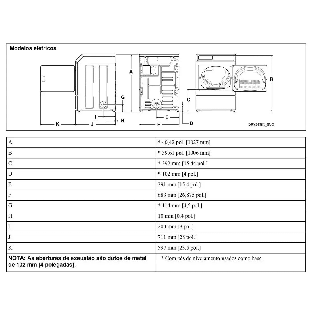 Tabela de dimensões e especificações da Secadora de Roupas Elétrica Speed Queen ADEE9B.