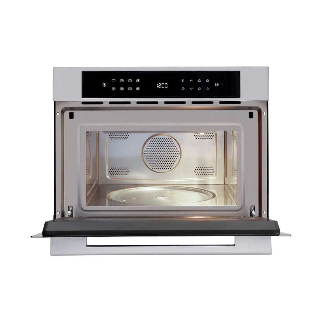 Forno Evol combinado com Micro-ondas IX17 vidro preto 60cm aberto mostrando interior de 35L, painel digital touch e bandeja giratória