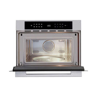 Forno Evol combinado com Micro-ondas IX17 vidro preto 60cm aberto mostrando interior de 35L, painel digital touch e bandeja giratória