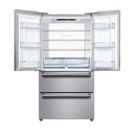 Refrigerador Tecno Professional French Door 571L inox escovado com portas abertas, prateleiras LED e gavetas freezer